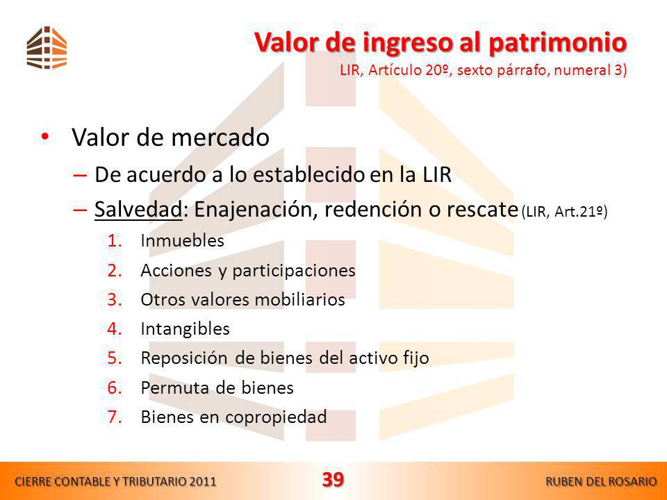 Valor de ingreso al patrimonio LIR, Artículo 20º, sexto párrafo, numeral 3)