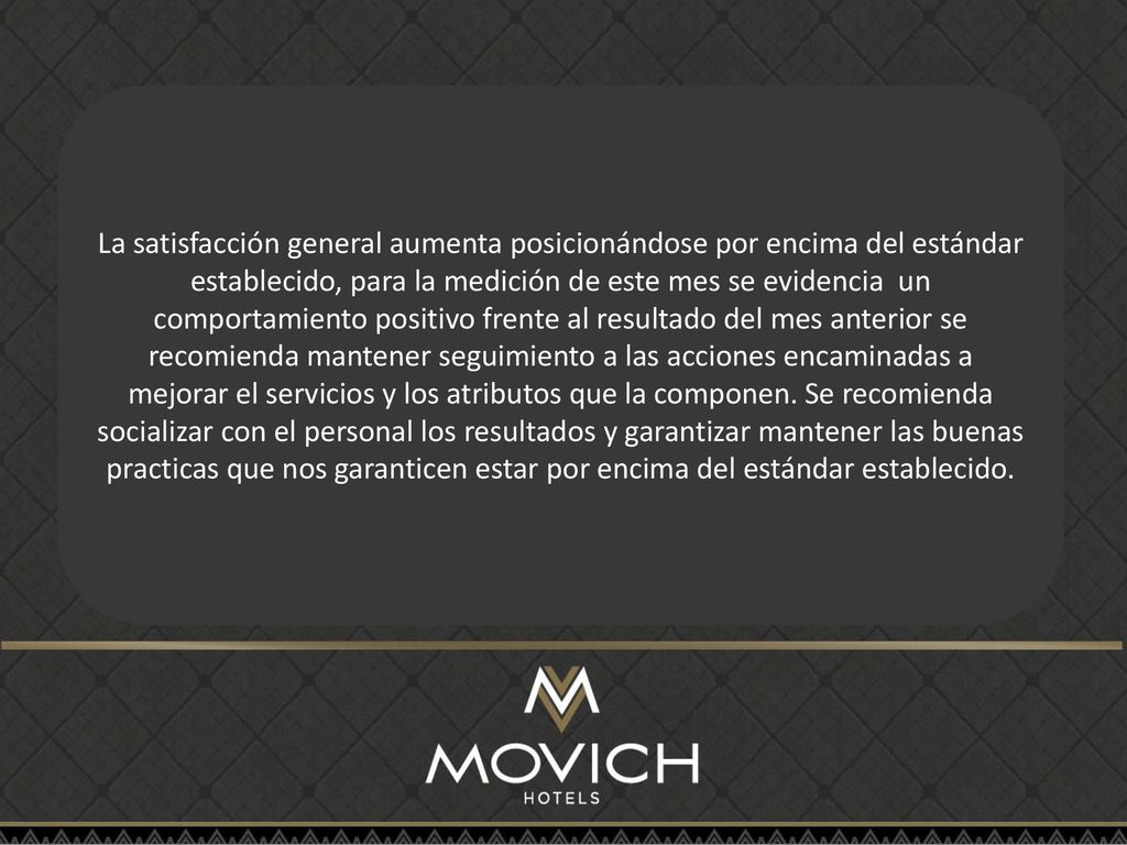 La satisfacción general aumenta posicionándose por encima del estándar establecido, para la medición de este mes se evidencia un comportamiento positivo frente al resultado del mes anterior se recomienda mantener seguimiento a las acciones encaminadas a mejorar el servicios y los atributos que la componen.