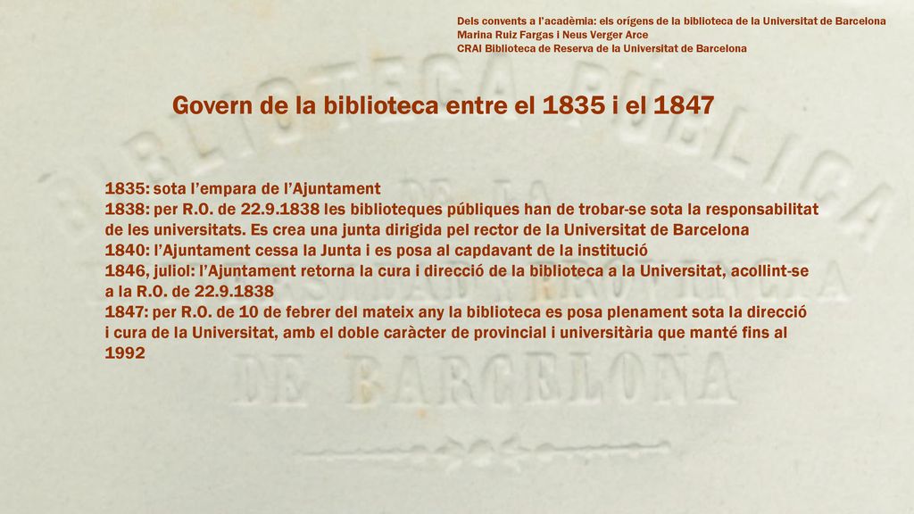 Govern de la biblioteca entre el 1835 i el 1847
