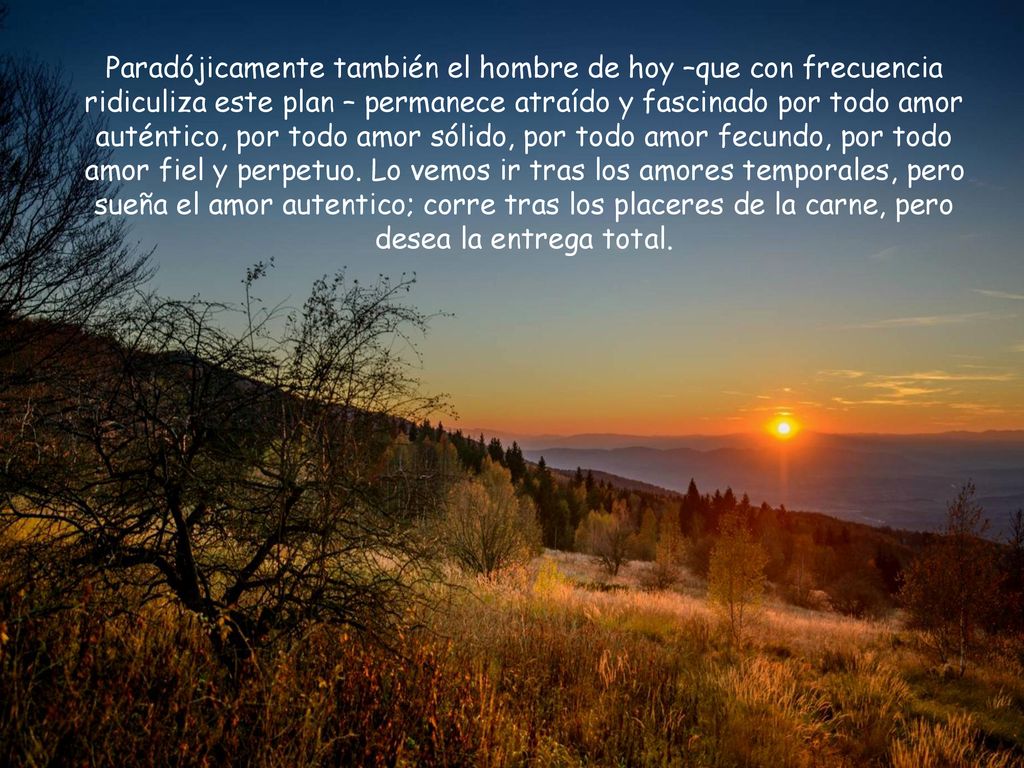 Paradójicamente también el hombre de hoy –que con frecuencia ridiculiza este plan – permanece atraído y fascinado por todo amor auténtico, por todo amor sólido, por todo amor fecundo, por todo amor fiel y perpetuo.