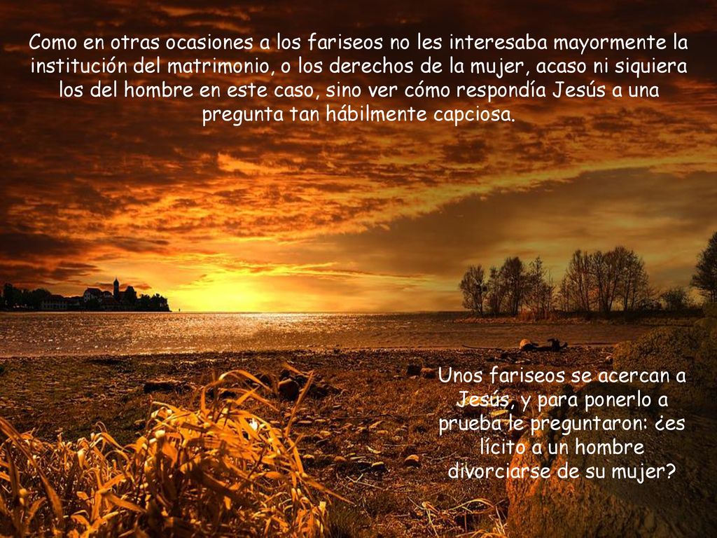 Como en otras ocasiones a los fariseos no les interesaba mayormente la institución del matrimonio, o los derechos de la mujer, acaso ni siquiera los del hombre en este caso, sino ver cómo respondía Jesús a una pregunta tan hábilmente capciosa.