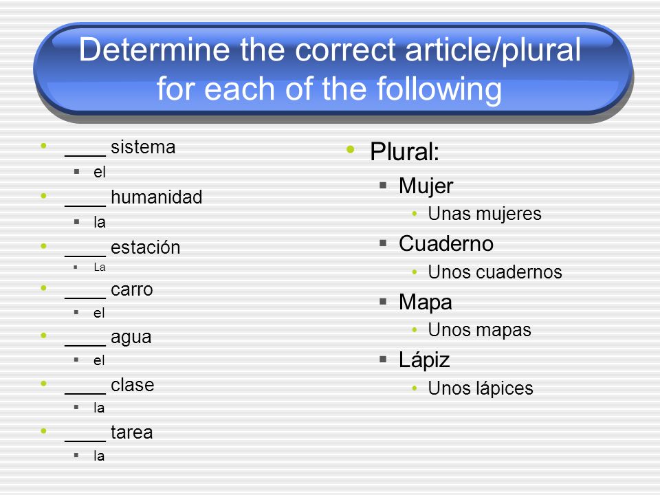 Determine the correct article/plural for each of the following