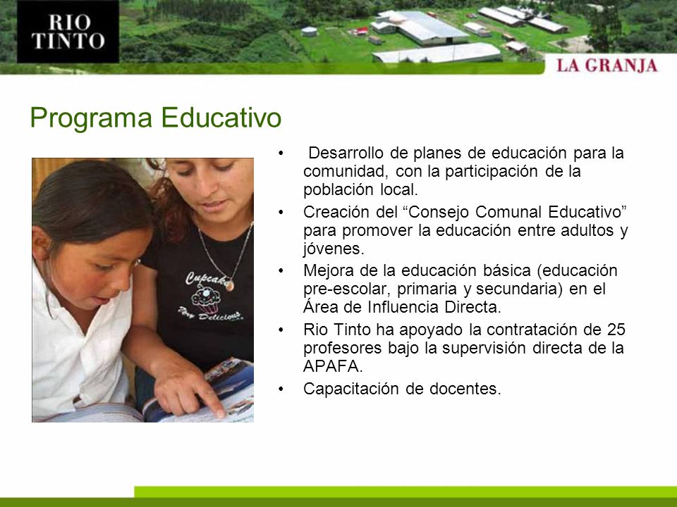Programa Educativo Desarrollo de planes de educación para la comunidad, con la participación de la población local.