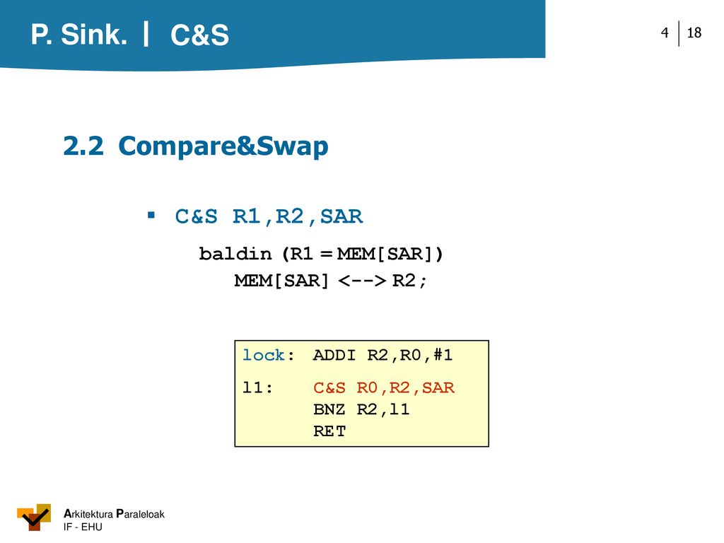 C&S 2.2 Compare&Swap ▪ C&S R1,R2,SAR baldin (R1 = MEM[SAR])