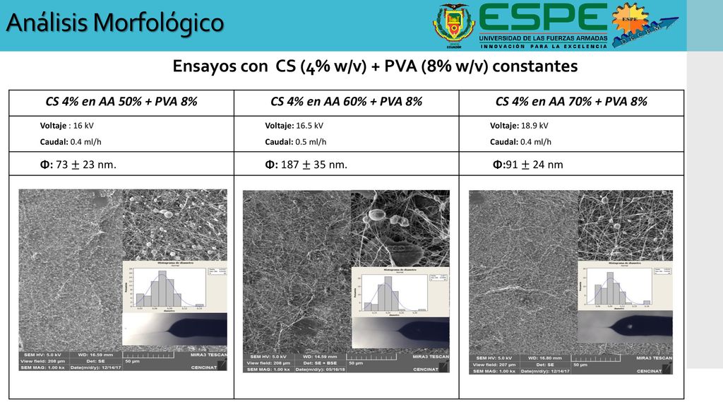 Ensayos con CS (4% w/v) + PVA (8% w/v) constantes