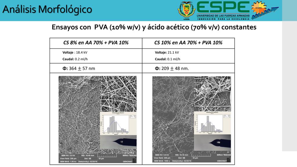 Ensayos con PVA (10% w/v) y ácido acético (70% v/v) constantes