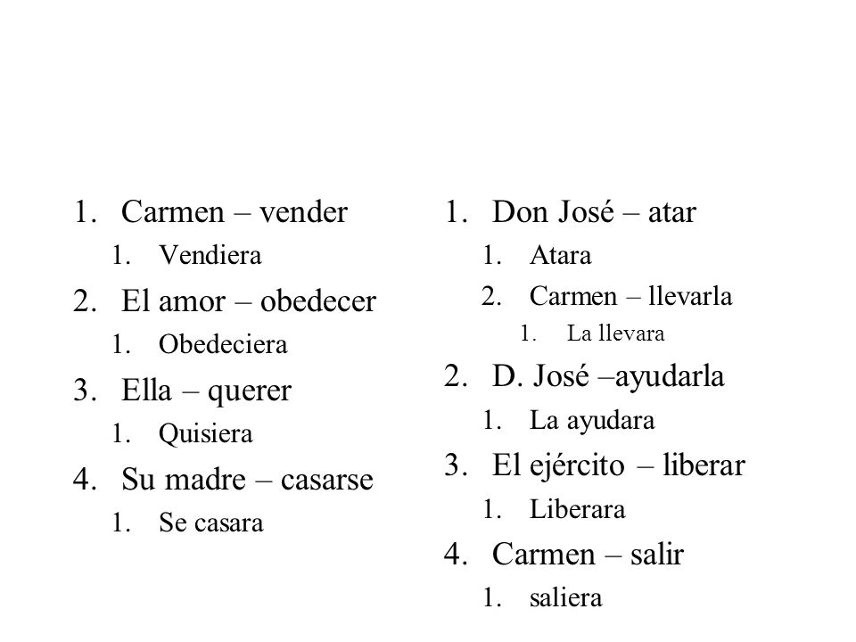 Carmen – vender El amor – obedecer Ella – querer Su madre – casarse