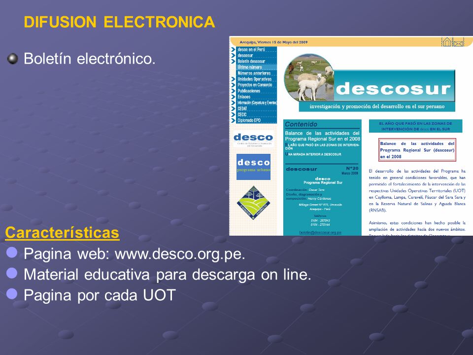 DIFUSION ELECTRONICA Boletín electrónico. Características. Pagina web:   Material educativa para descarga on line.