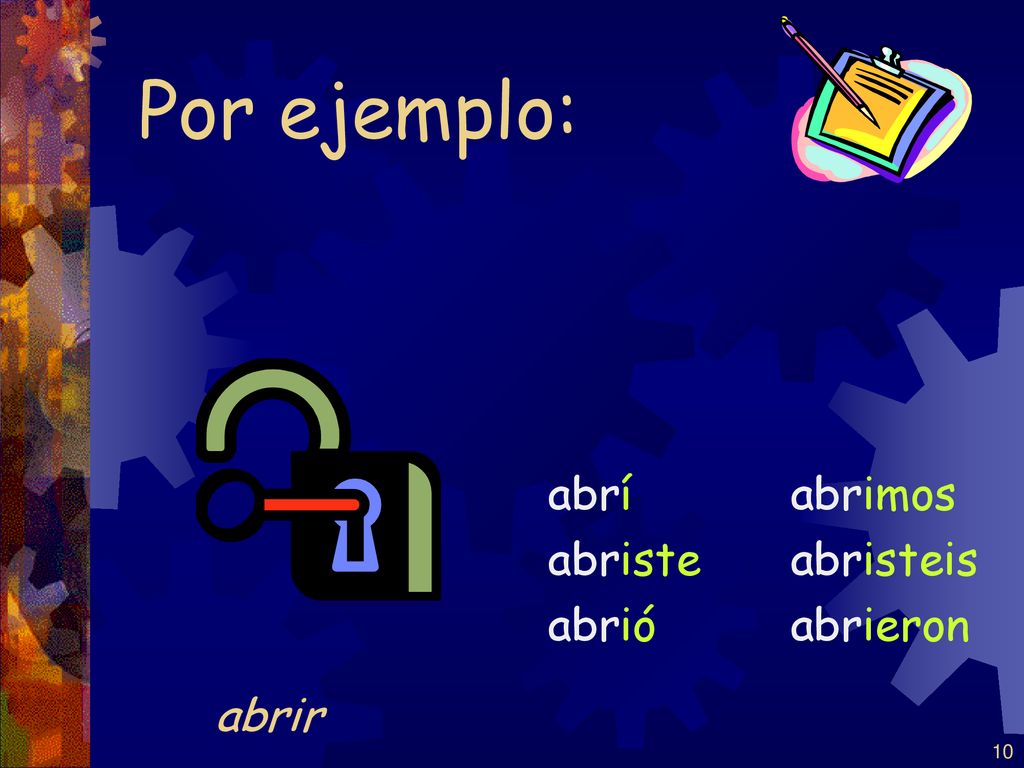 Por ejemplo: abrí abriste abrió abrimos abristeis abrieron abrir