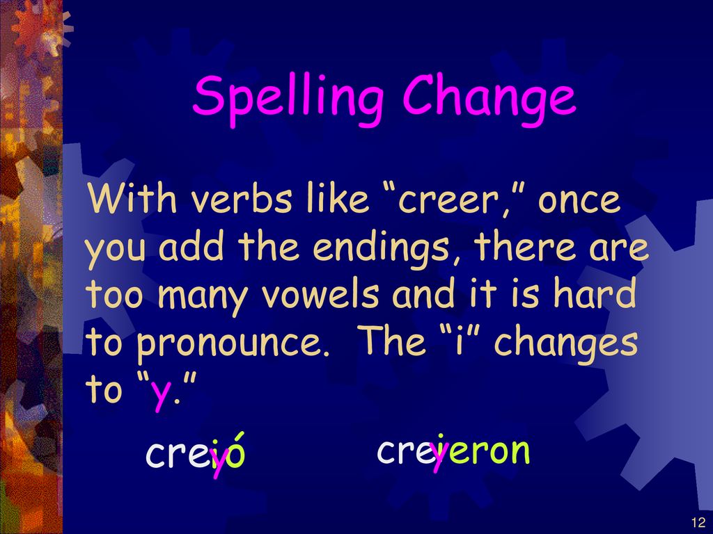 Spelling Change With verbs like creer, once you add the endings, there are too many vowels and it is hard to pronounce. The i changes to y.