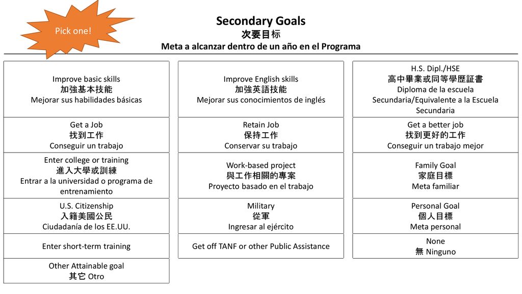 次要目标 Meta a alcanzar dentro de un año en el Programa