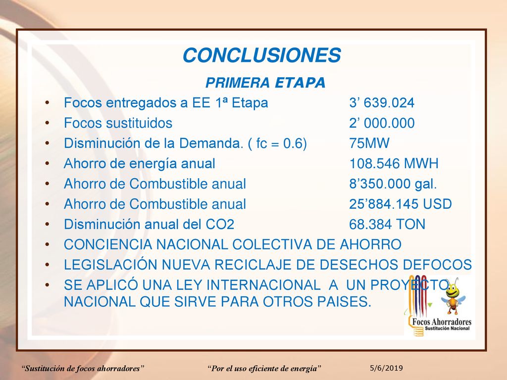 CONCLUSIONES PRIMERA ETAPA Focos entregados a EE 1ª Etapa 3’