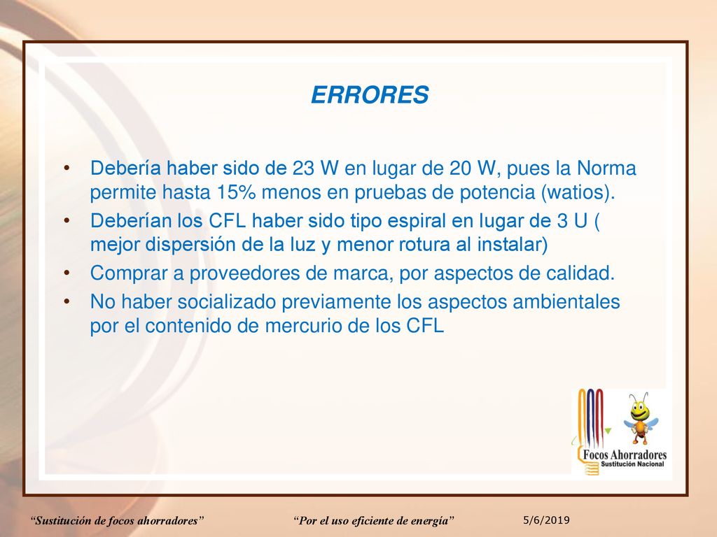 ERRORES Debería haber sido de 23 W en lugar de 20 W, pues la Norma permite hasta 15% menos en pruebas de potencia (watios).