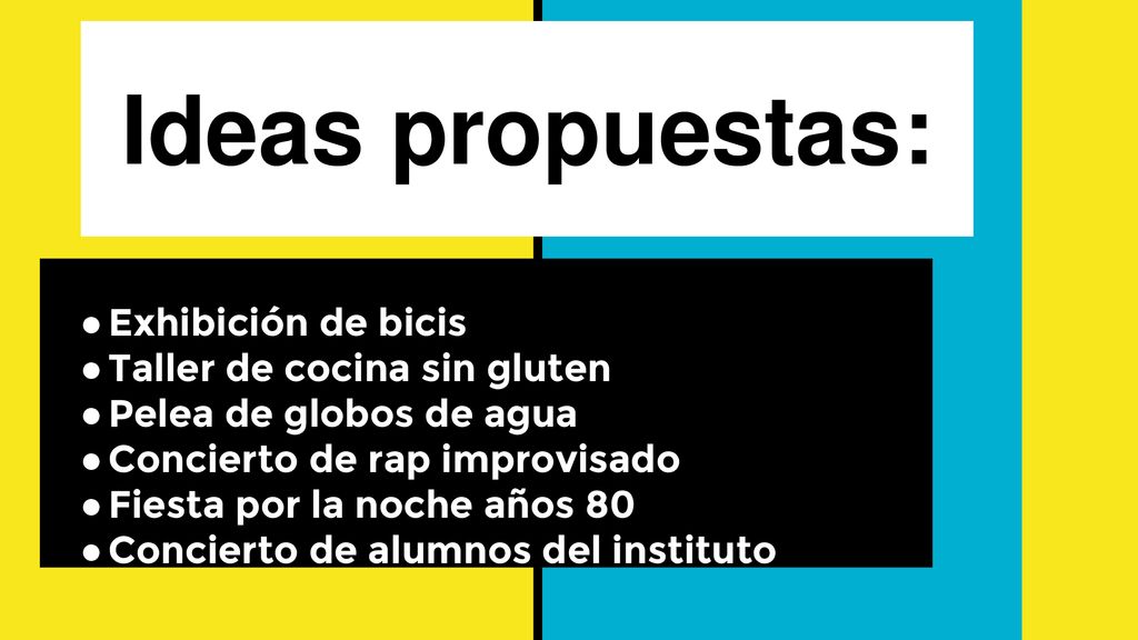 Ideas propuestas: Exhibición de bicis Taller de cocina sin gluten