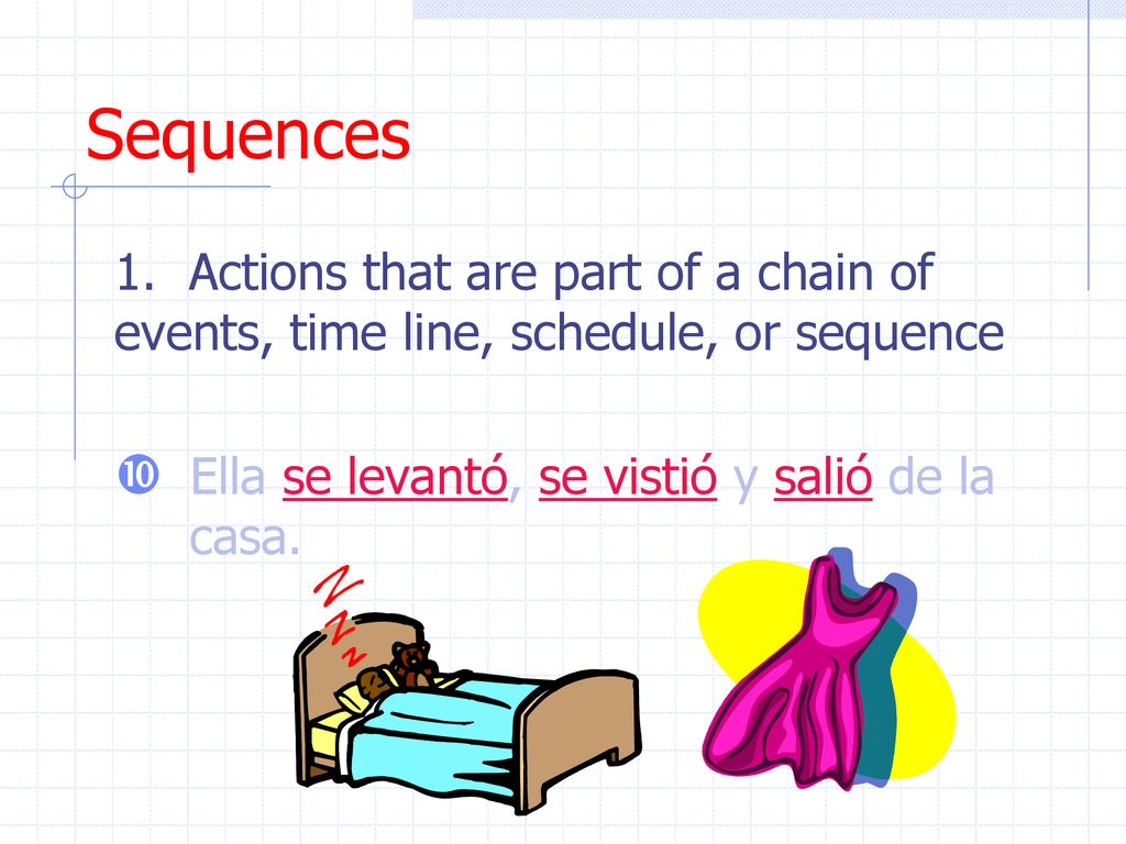 Sequences 1. Actions that are part of a chain of events, time line, schedule, or sequence.
