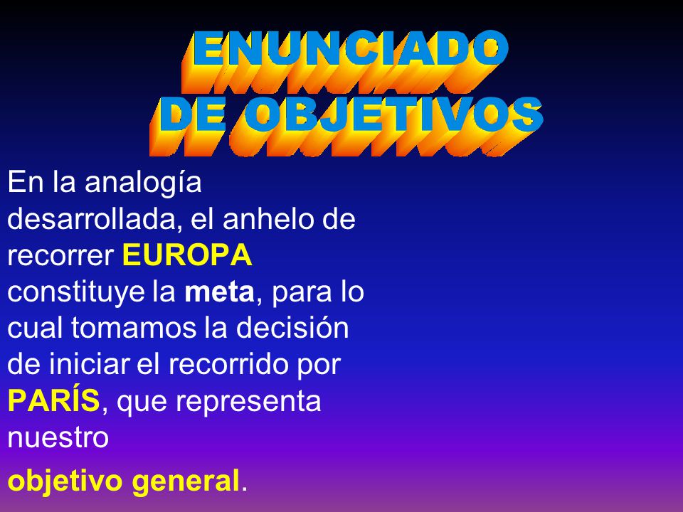 En la analogía desarrollada, el anhelo de recorrer EUROPA constituye la meta, para lo cual tomamos la decisión de iniciar el recorrido por PARÍS, que representa nuestro