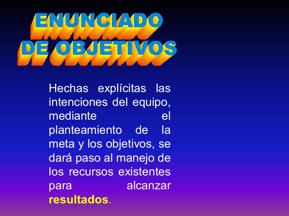Hechas explícitas las intenciones del equipo, mediante el planteamiento de la meta y los objetivos, se dará paso al manejo de los recursos existentes para alcanzar resultados.