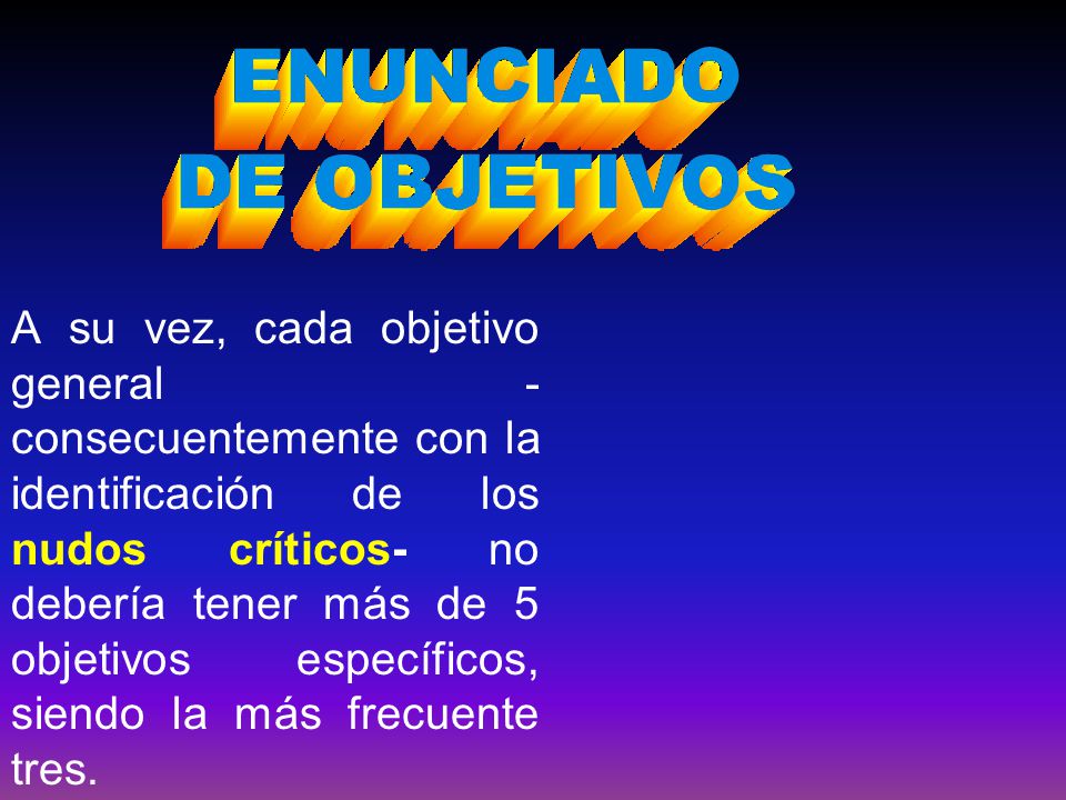 A su vez, cada objetivo general -consecuentemente con la identificación de los nudos críticos- no debería tener más de 5 objetivos específicos, siendo la más frecuente tres.