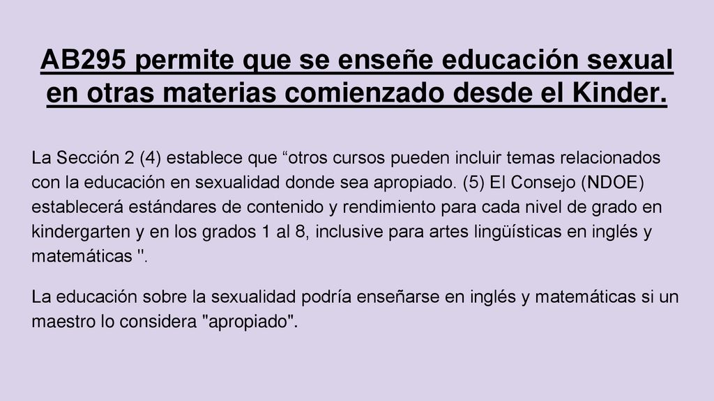 AB295 permite que se enseñe educación sexual en otras materias comienzado desde el Kinder.