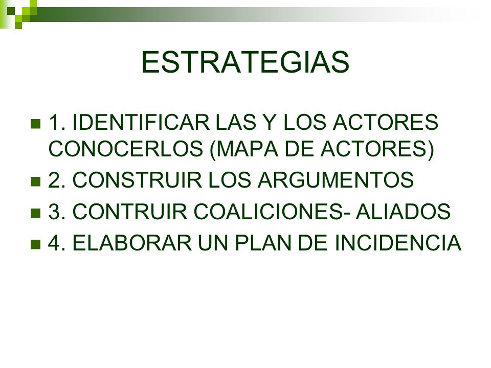 ESTRATEGIAS 1. IDENTIFICAR LAS Y LOS ACTORES CONOCERLOS (MAPA DE ACTORES) 2. CONSTRUIR LOS ARGUMENTOS.