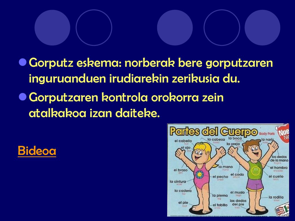 Gorputz eskema: norberak bere gorputzaren inguruanduen irudiarekin zerikusia du.