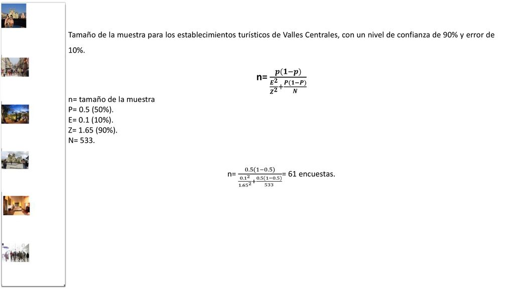 Tamaño de la muestra para los establecimientos turísticos de Valles Centrales, con un nivel de confianza de 90% y error de 10%.