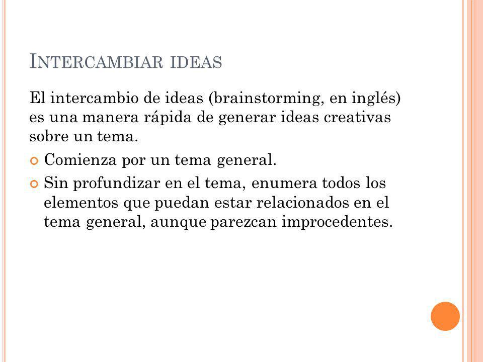 Intercambiar ideas El intercambio de ideas (brainstorming, en inglés) es una manera rápida de generar ideas creativas sobre un tema.