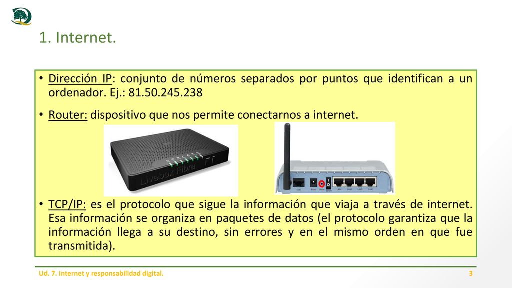 1. Internet. Dirección IP: conjunto de números separados por puntos que identifican a un ordenador. Ej.: