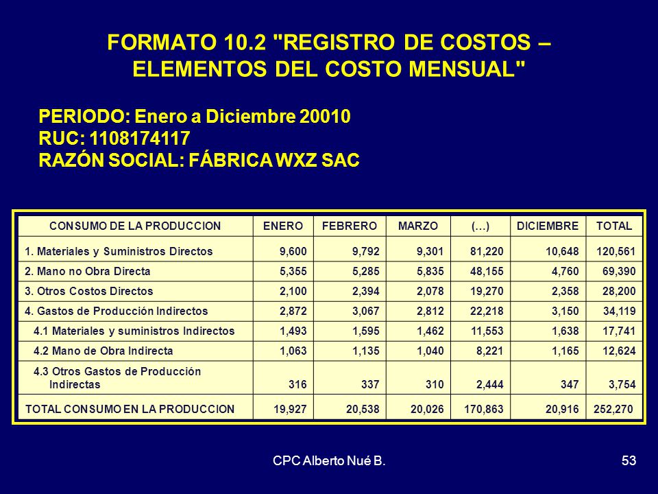 FORMATO 10.2 REGISTRO DE COSTOS – ELEMENTOS DEL COSTO MENSUAL