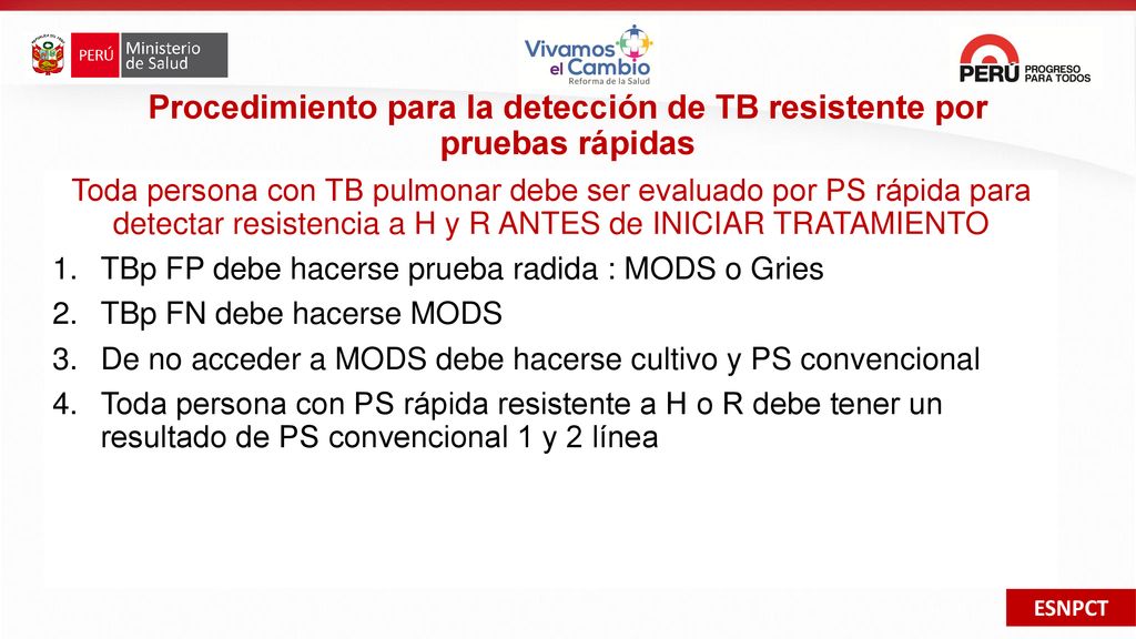 Procedimiento para la detección de TB resistente por pruebas rápidas