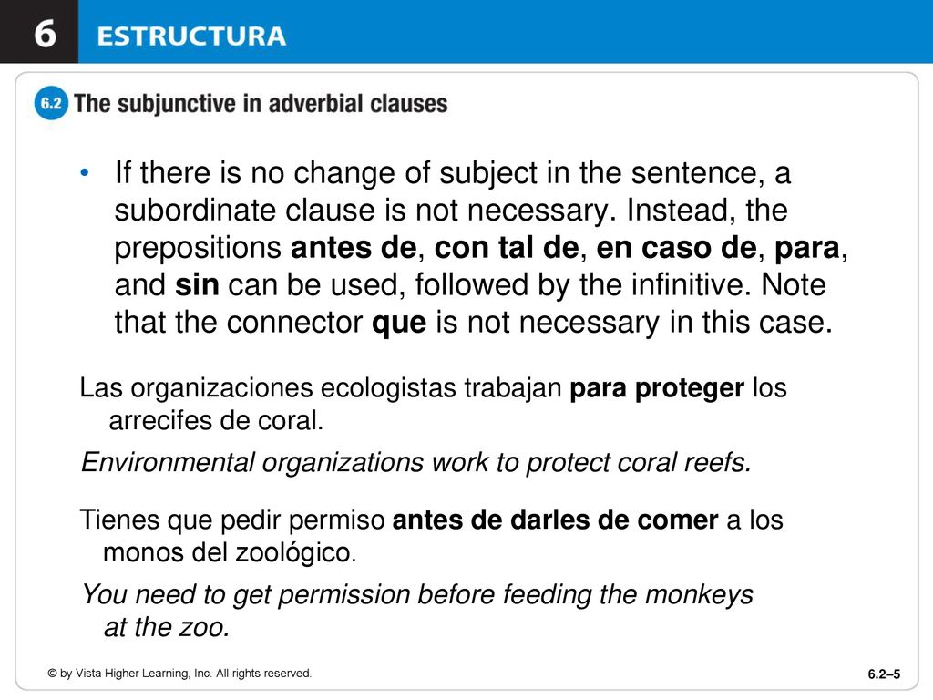 If there is no change of subject in the sentence, a subordinate clause is not necessary. Instead, the prepositions antes de, con tal de, en caso de, para, and sin can be used, followed by the infinitive. Note that the connector que is not necessary in this case.