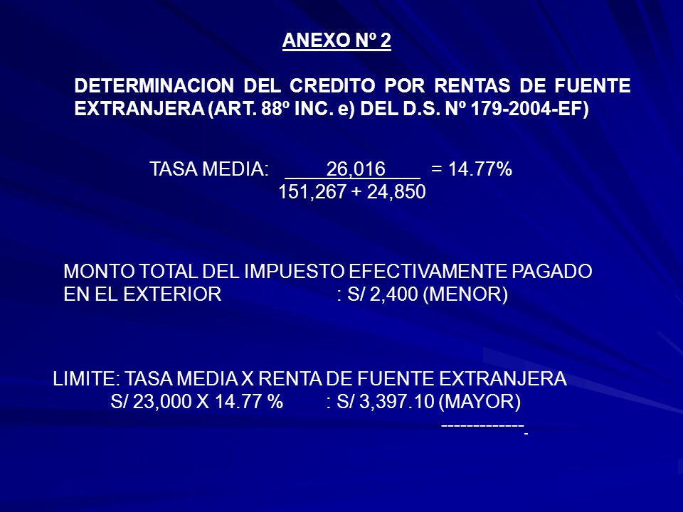 ANEXO Nº 2 DETERMINACION DEL CREDITO POR RENTAS DE FUENTE EXTRANJERA (ART. 88º INC. e) DEL D.S. Nº EF)