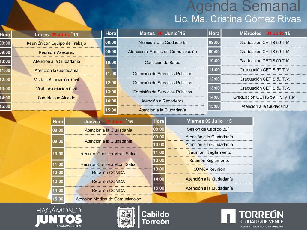 Agenda Semanal Lic. Ma. Cristina Gómez Rivas Cabildo Torreón Hora