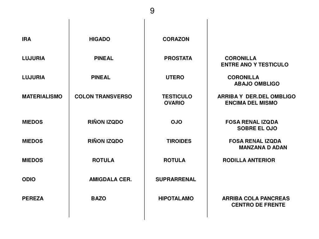 9 IRA HIGADO CORAZON LUJURIA PINEAL PROSTATA CORONILLA
