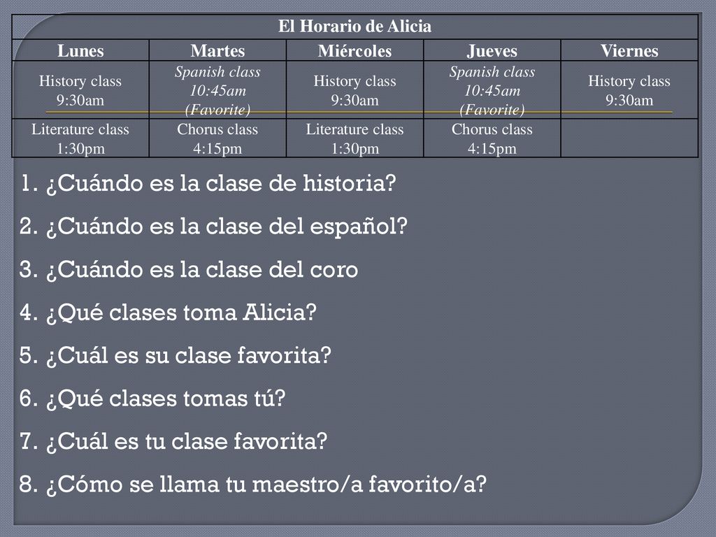 ¿Cuándo es la clase de historia ¿Cuándo es la clase del español