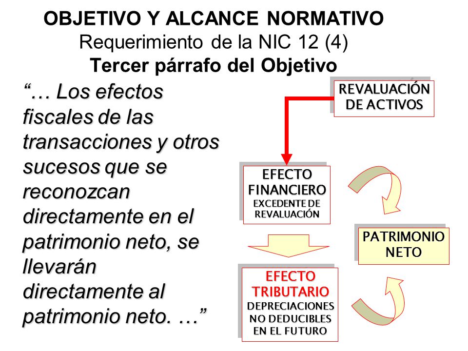 OBJETIVO Y ALCANCE NORMATIVO Requerimiento de la NIC 12 (4) Tercer párrafo del Objetivo