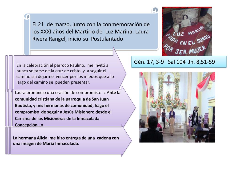 El 21 de marzo, junto con la conmemoración de los XXXI años del Martirio de Luz Marina. Laura Rivera Rangel, inicio su Postulantado