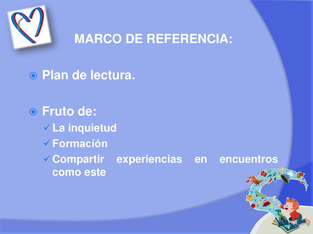 MARCO DE REFERENCIA: Plan de lectura. Fruto de: La inquietud Formación
