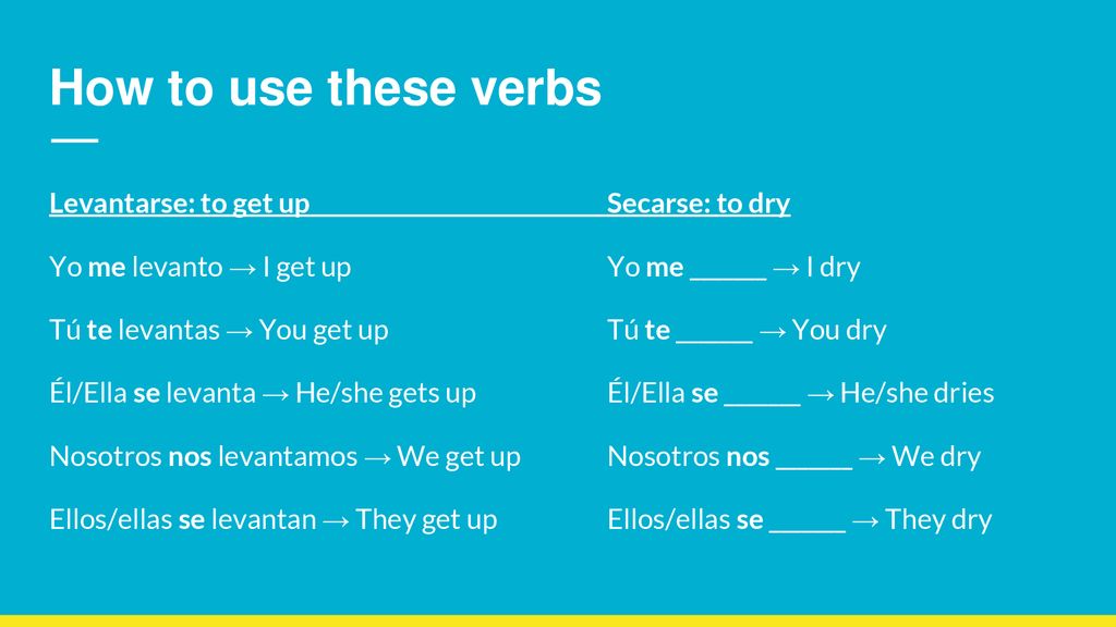 How to use these verbs Levantarse: to get up Secarse: to dry