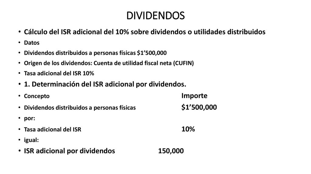 DIVIDENDOS Cálculo del ISR adicional del 10% sobre dividendos o utilidades distribuidos. Datos.