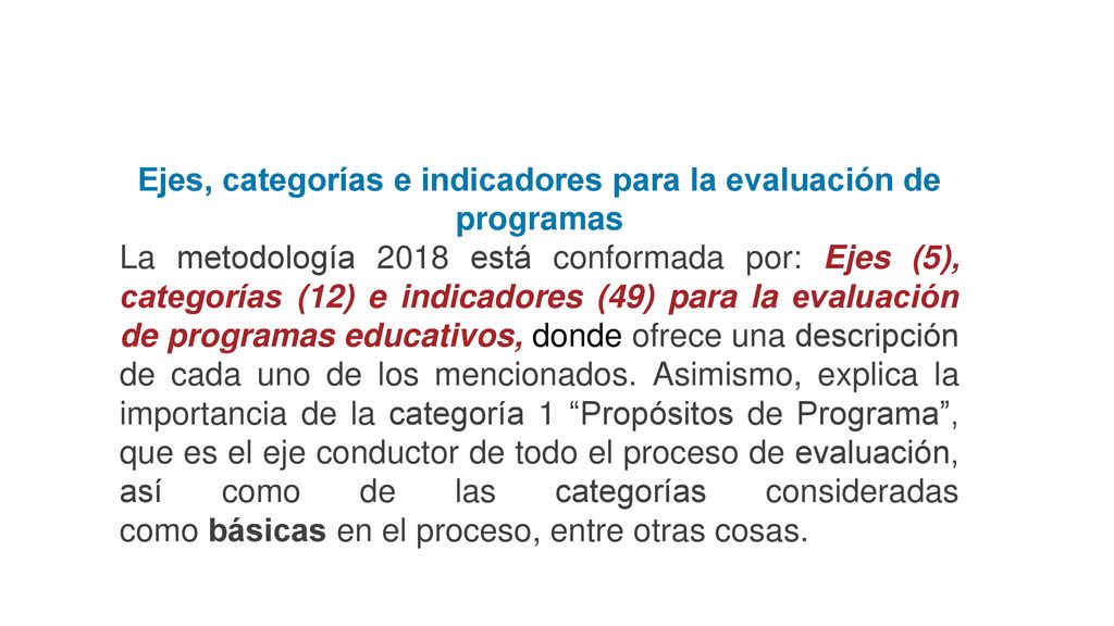 Ejes, categorías e indicadores para la evaluación de programas