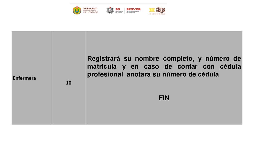 Enfermera 10. Registrará su nombre completo, y número de matrícula y en caso de contar con cédula profesional anotara su número de cédula.