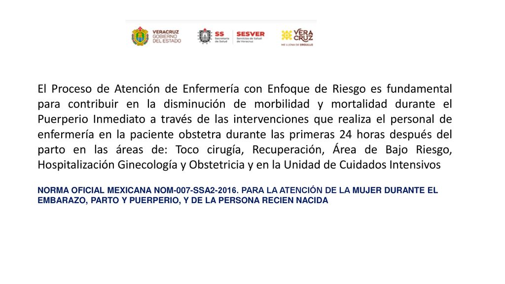 El Proceso de Atención de Enfermería con Enfoque de Riesgo es fundamental para contribuir en la disminución de morbilidad y mortalidad durante el Puerperio Inmediato a través de las intervenciones que realiza el personal de enfermería en la paciente obstetra durante las primeras 24 horas después del parto en las áreas de: Toco cirugía, Recuperación, Área de Bajo Riesgo, Hospitalización Ginecología y Obstetricia y en la Unidad de Cuidados Intensivos