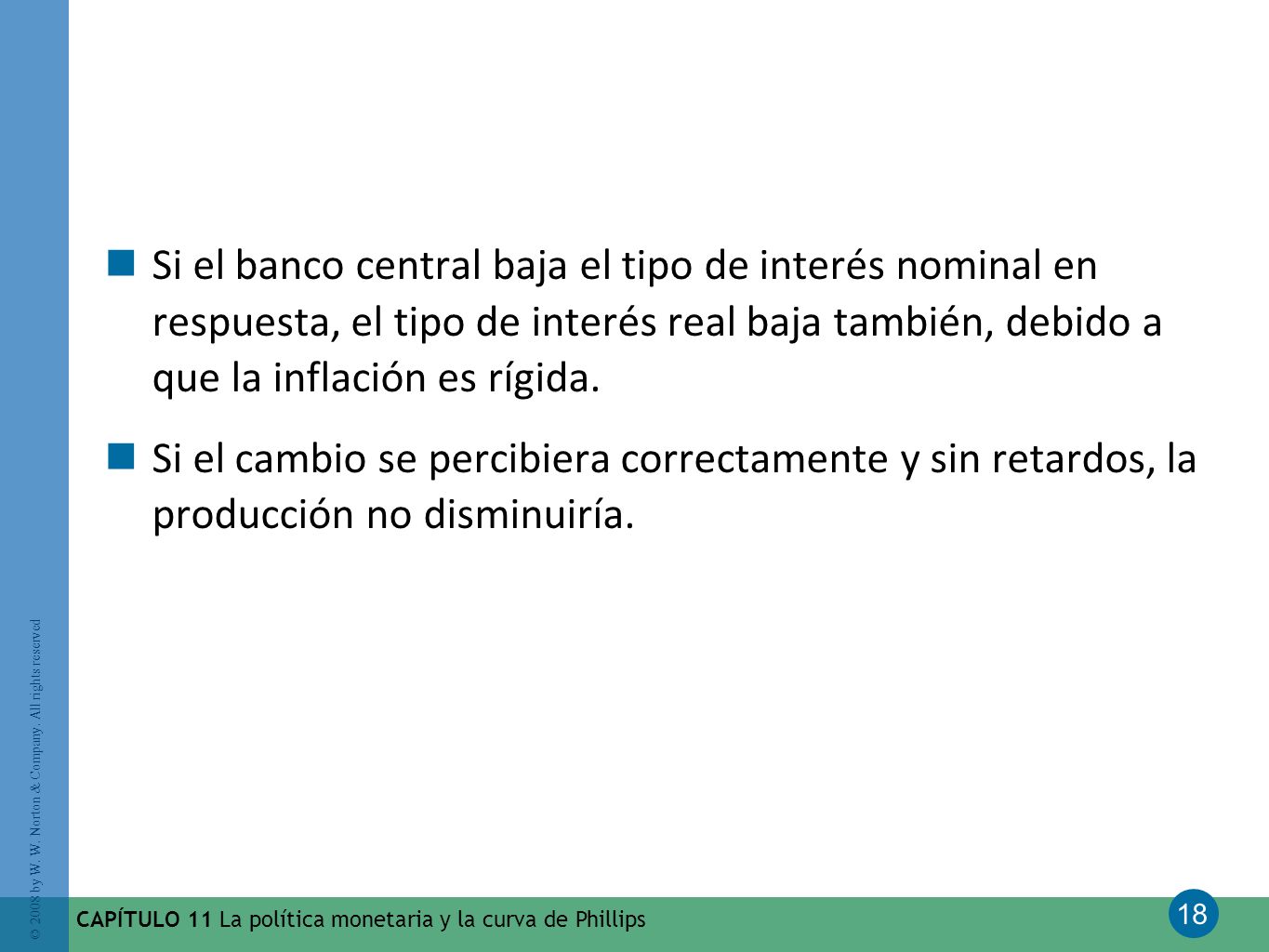 Si el banco central baja el tipo de interés nominal en respuesta, el tipo de interés real baja también, debido a que la inflación es rígida.