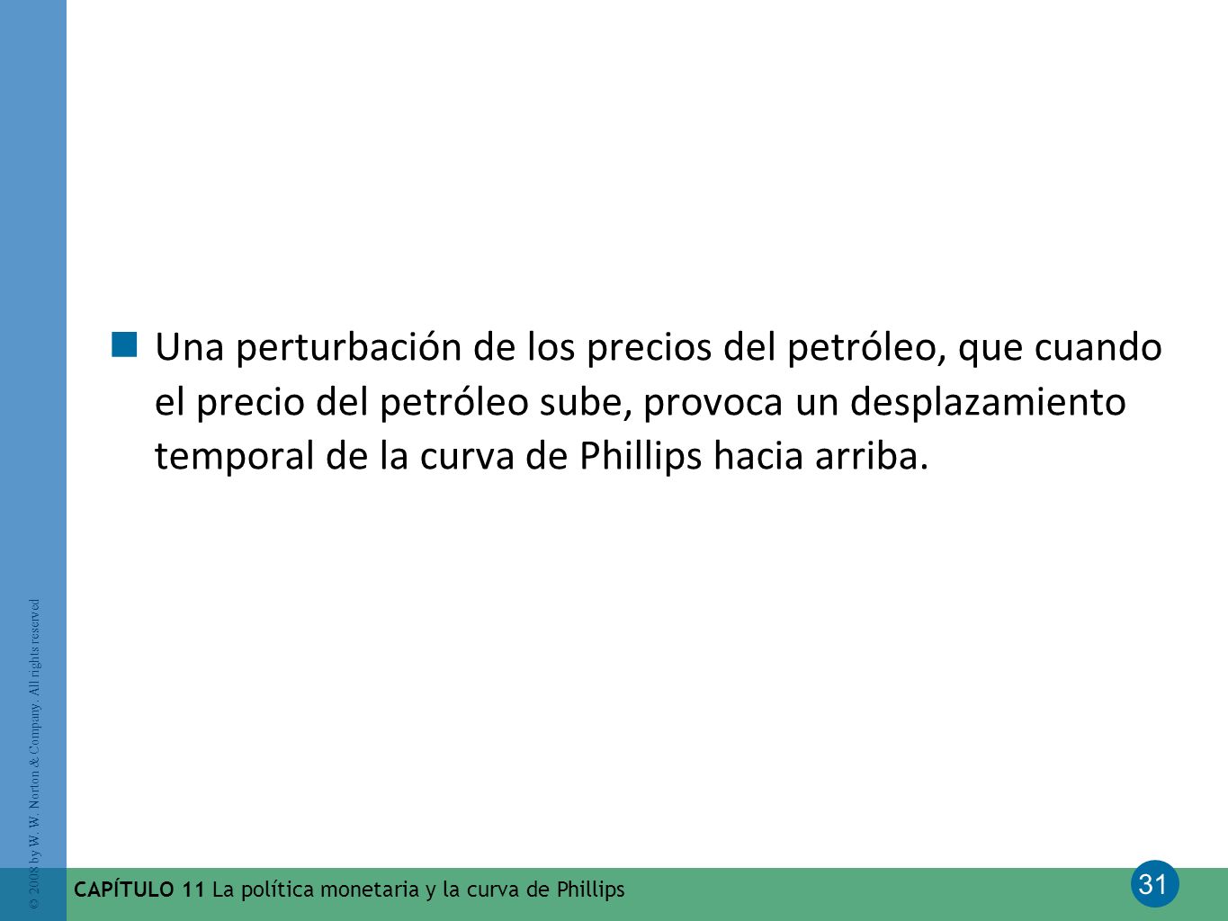 Una perturbación de los precios del petróleo, que cuando el precio del petróleo sube, provoca un desplazamiento temporal de la curva de Phillips hacia arriba.