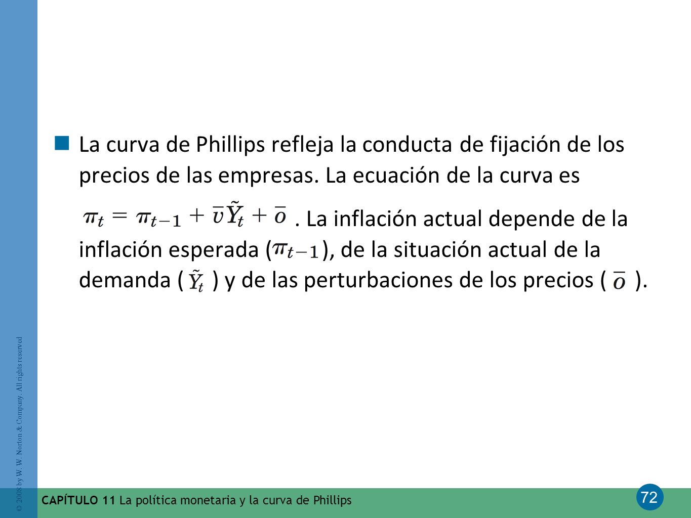 La curva de Phillips refleja la conducta de fijación de los precios de las empresas. La ecuación de la curva es