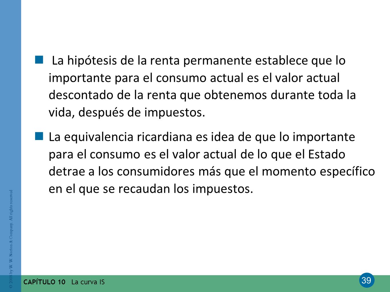 La hipótesis de la renta permanente establece que lo importante para el consumo actual es el valor actual descontado de la renta que obtenemos durante toda la vida, después de impuestos.