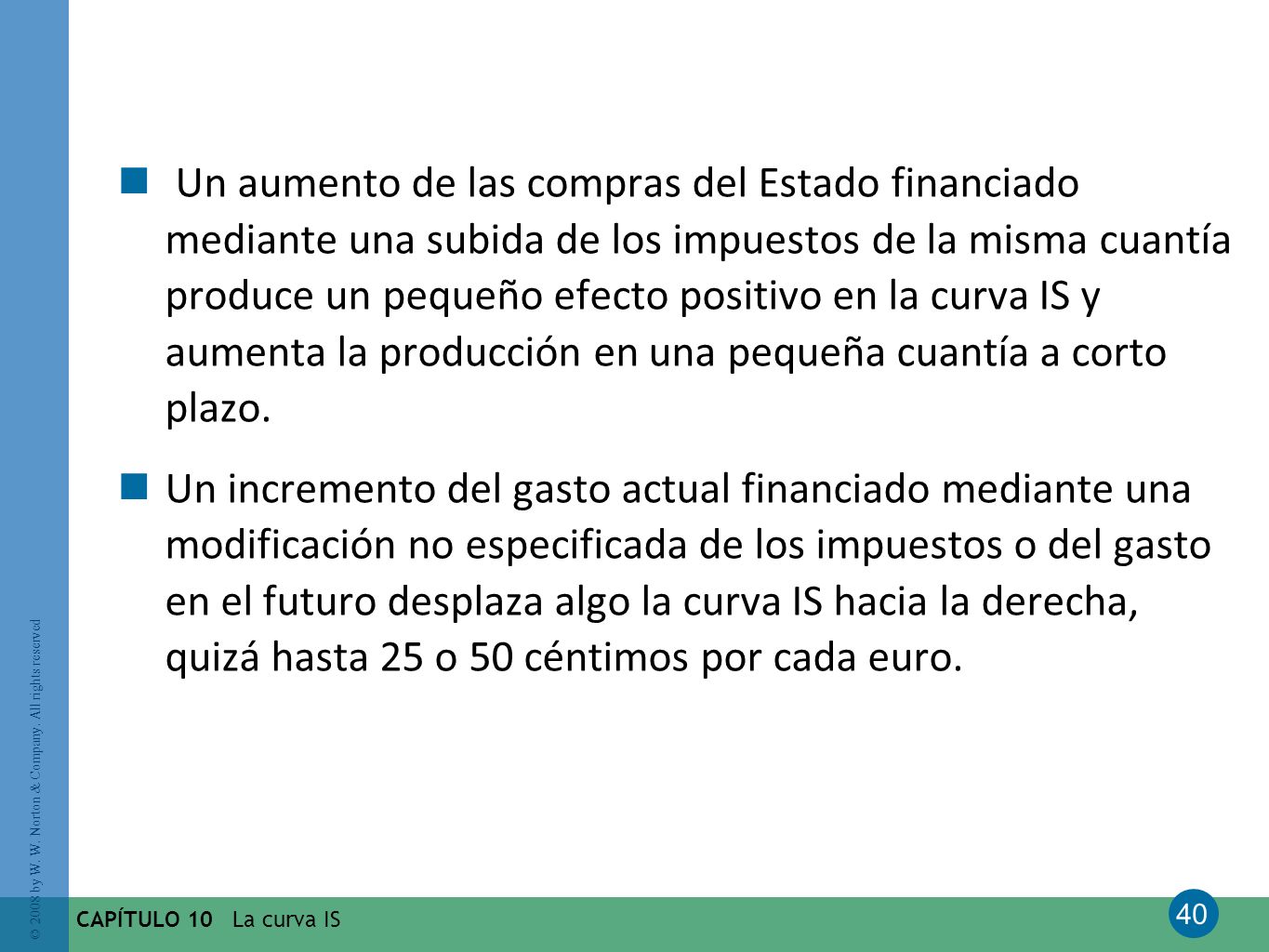 Un aumento de las compras del Estado financiado mediante una subida de los impuestos de la misma cuantía produce un pequeño efecto positivo en la curva IS y aumenta la producción en una pequeña cuantía a corto plazo.