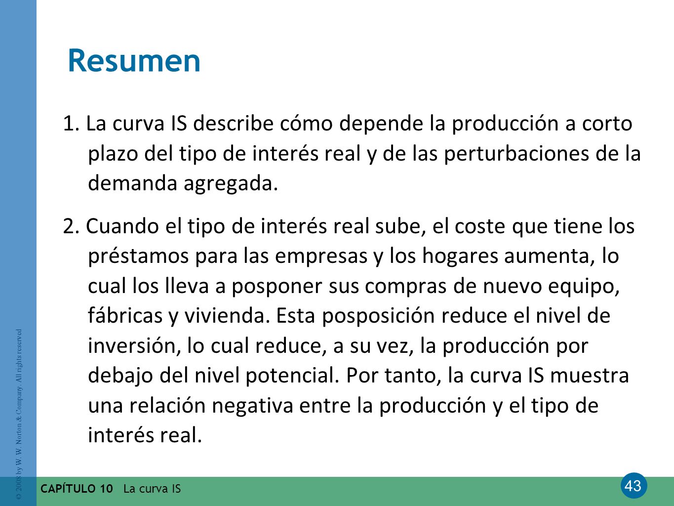 Resumen 1. La curva IS describe cómo depende la producción a corto plazo del tipo de interés real y de las perturbaciones de la demanda agregada.