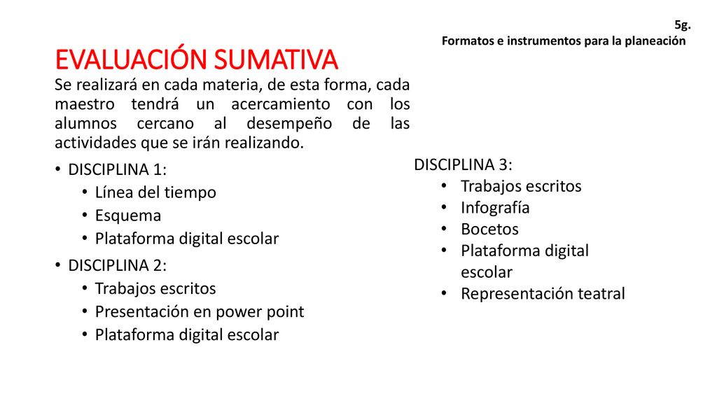 5g. Formatos e instrumentos para la planeación. EVALUACIÓN SUMATIVA.